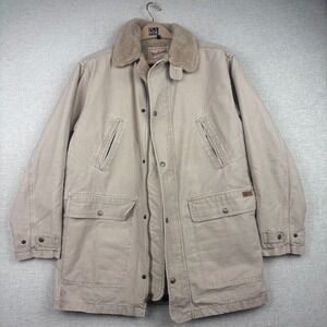 Vintage 90s Woolrich Mens Canvas Field Coat Sherpa Lined Tan Barn Jacket Medium